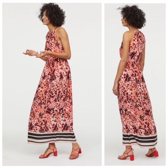 NWT H&M Red/Patterned Long Satin Dress - 10 - Picture 4 of 7